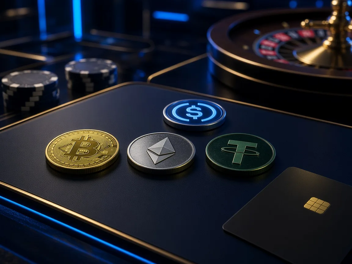 Bitcoin, Ethereum, USDT and card on a dark crypto cashier desk